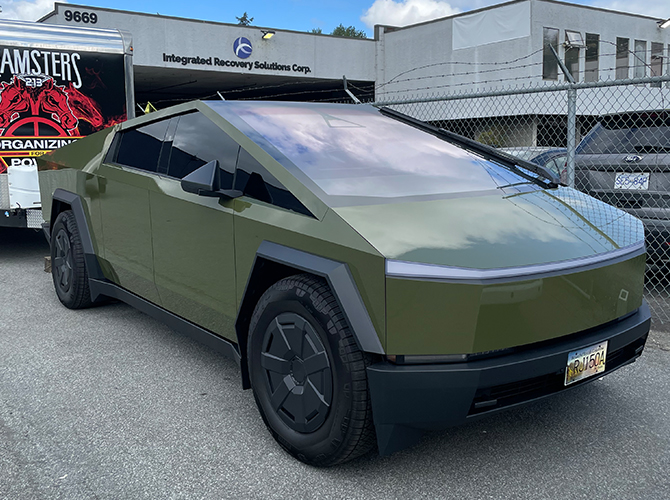 army green cybertruck wrap